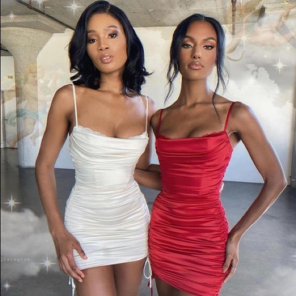all for you lace trim satin mini dress in oyster white